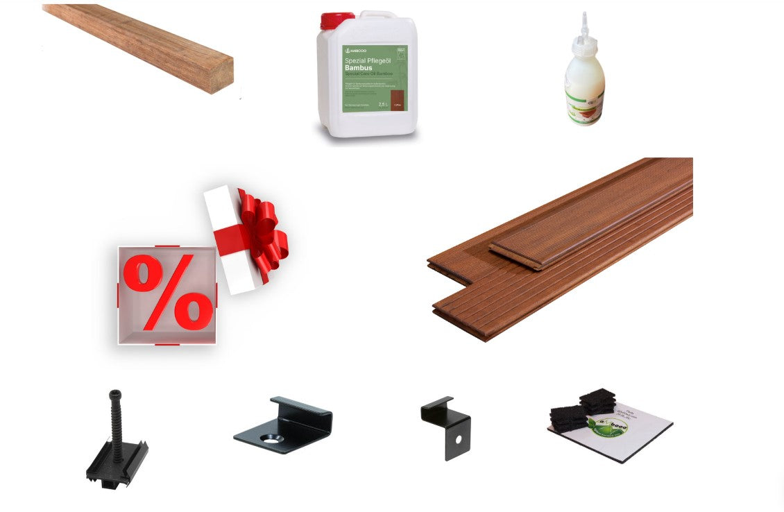 Das Terrassendielen aus Bambus Komplettset "Primus" mit einer Unterkonstruktion aus Bambus und Zubehör.