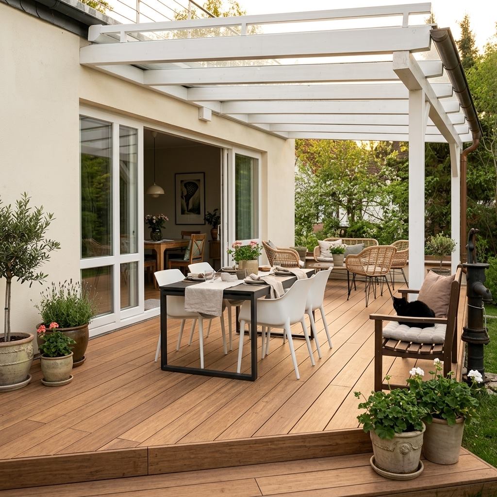 Überdachte AMBOOO Closeddeck Terrasse mit gedecktem Esstisch, Sitzmöbeln und zahlreichen Topfpflanzen an einem Wohnhaus.