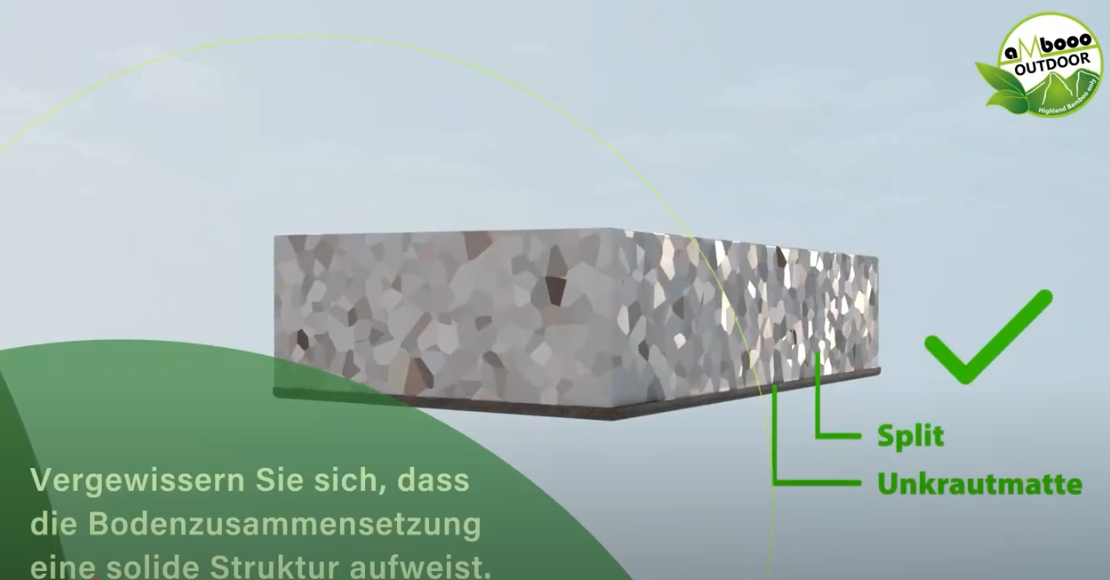 Grafische Darstellung einer Schottertragschicht mit Split und Unkrautmatte als Untergrundaufbau für eine Terrasse. Ein grüner Haken kennzeichnet die empfohlene Ausführung. Die Beschriftung „Split Unkrautmatte“ hebt die richtige Kombination für eine stabile und unkrautarme Terrassenkonstruktion hervor.