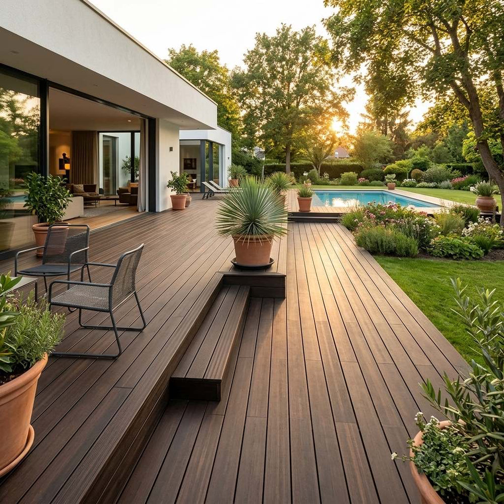 Großzügige Poolterrasse mit dunkelbraunen AMBOOO-Terrassendielen, Sitzbereich und üppig bepflanztem Garten an einer modernen Villa.