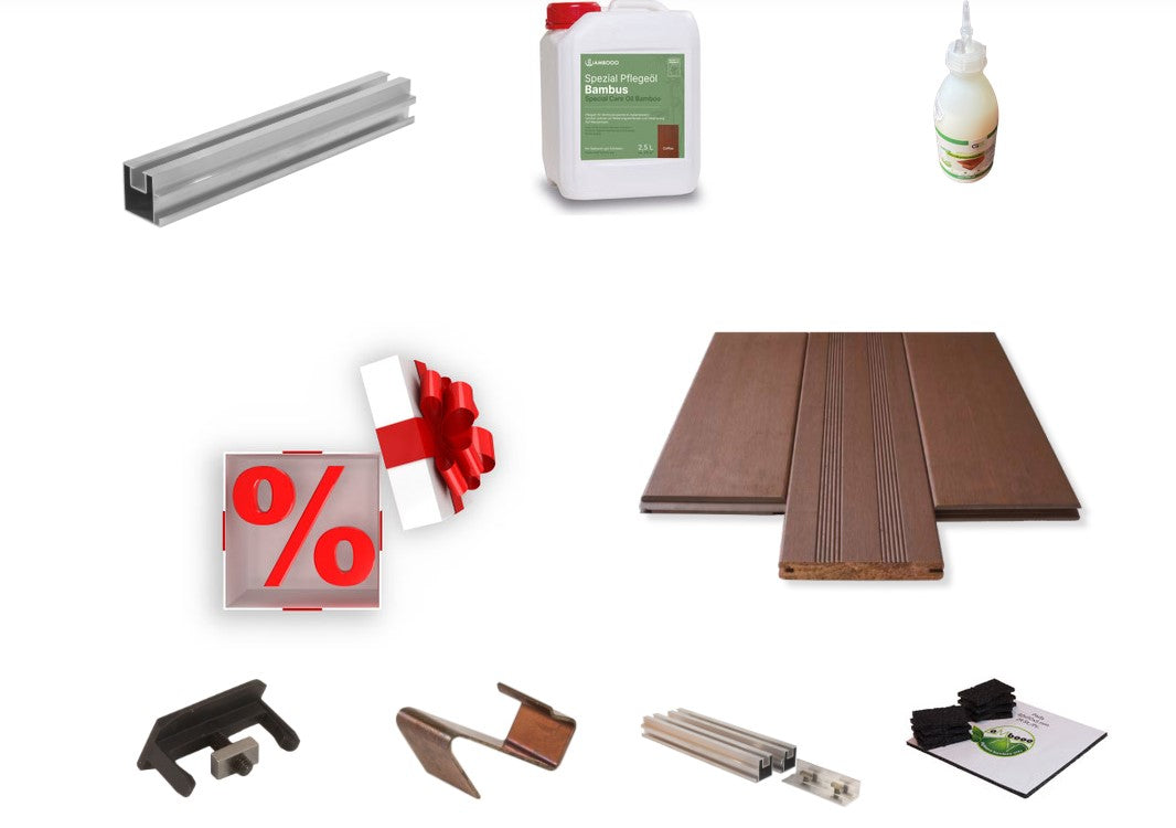 Komplettpaket Terrassendielen "Vista" in der Farbe Ipe, mit einer Unterkonstruktion aus Aluminium von aMbooo.