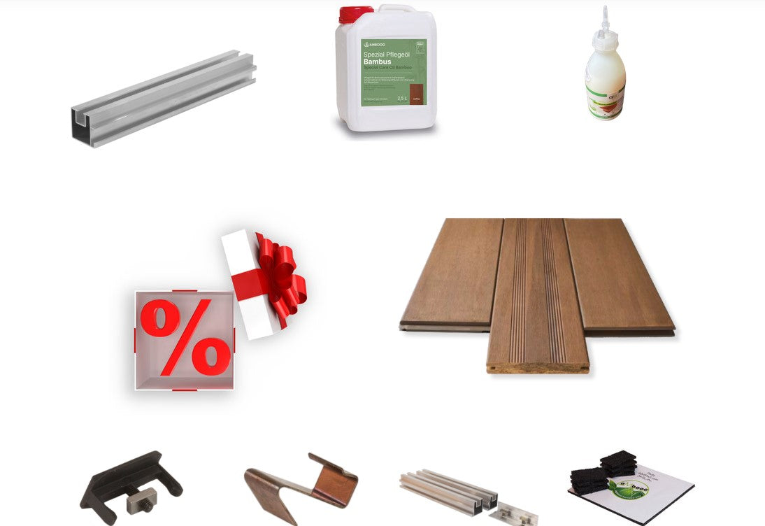 Terrassendielen aus Bambus Komplettset Farbe White oak mit einer Unterkonstruktion aus Aluminium.