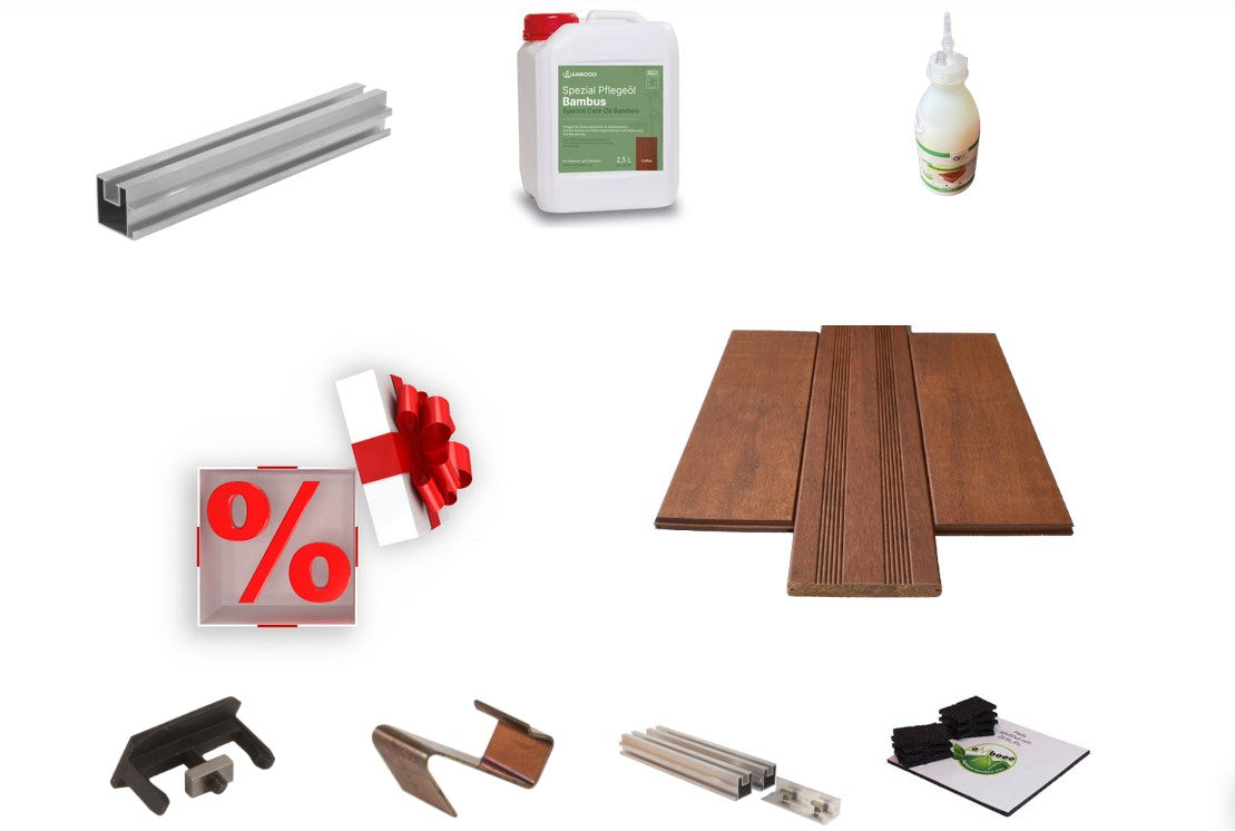 Terrassendielen-Set mit Bambus-Dielen, Alu-Unterkonstruktion und vollständigem Montagezubehör.
