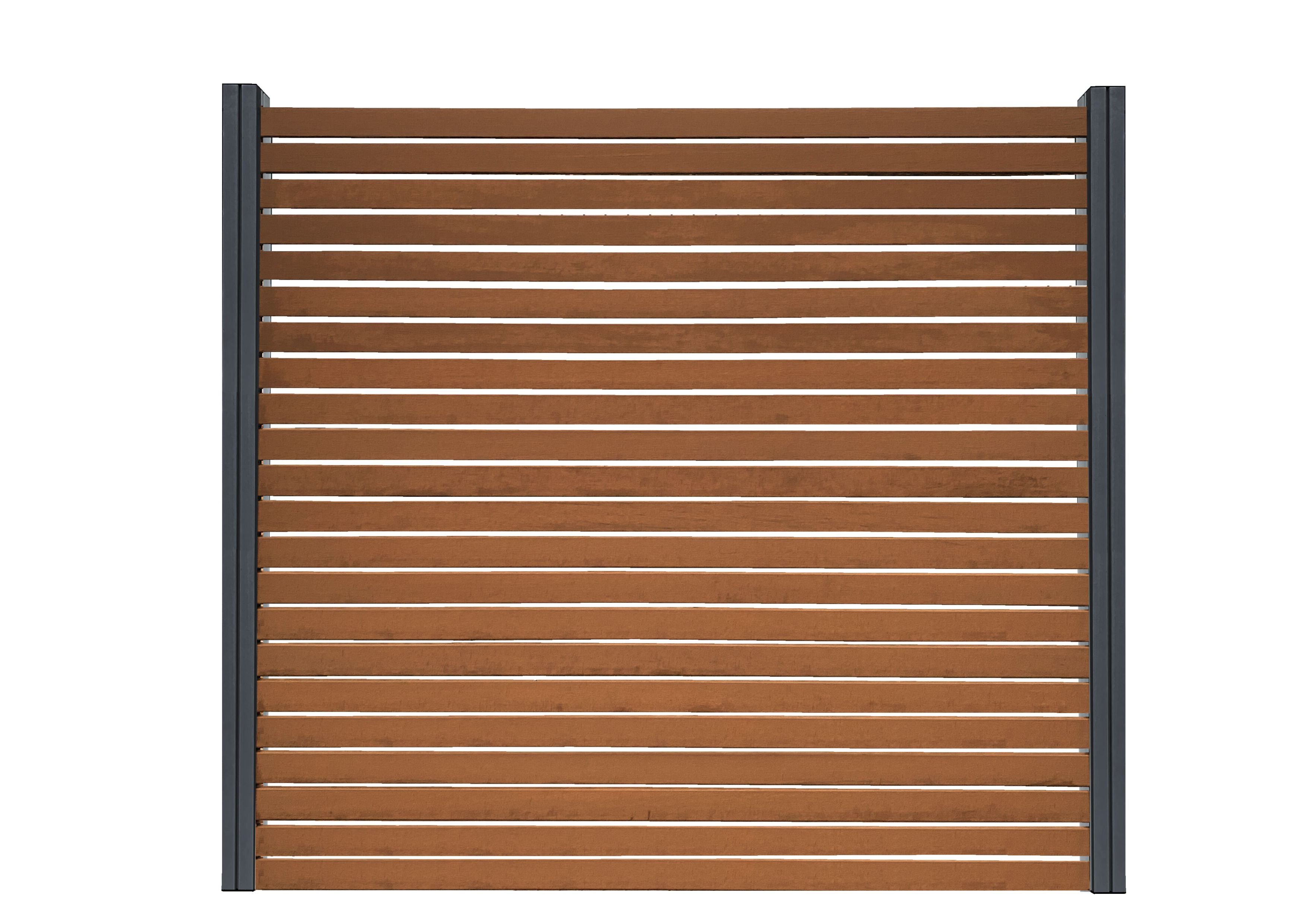 Moderne Sichtschutzzaun mit horizontalen Bambuslamellen in warmen braunton und anthrazitfarbenen Metallpfosten, Typ Rhombi von ambooo.