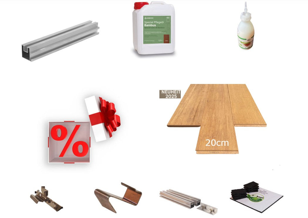 AMBOOO Bambus Terrassen Sparpaket mit breiten 20 cm Terrassendielen, natur hell, in der Farbe Sand, Aluminium Unterkonstruktion, Befestigungsclips, Pflegeöl und Montagezubehör.