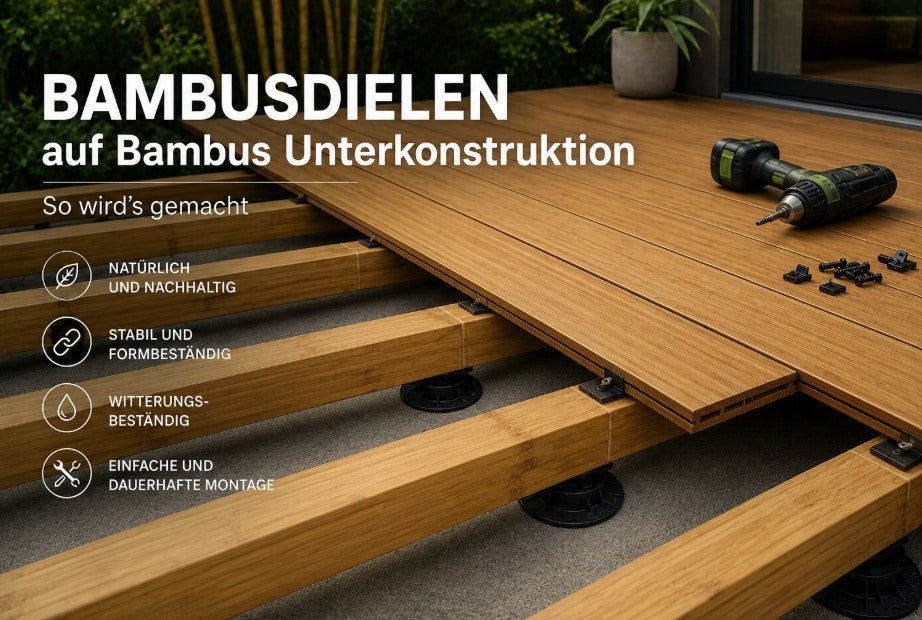 Verlegung von Bambusdielen auf einer Bambus-Unterkonstruktion. Die massiven Terrassendielen werden mit verdeckten Clips auf tragenden Bambusprofilen befestigt, während Montagewerkzeug und Befestigungsmaterial für die Installation bereitliegen.