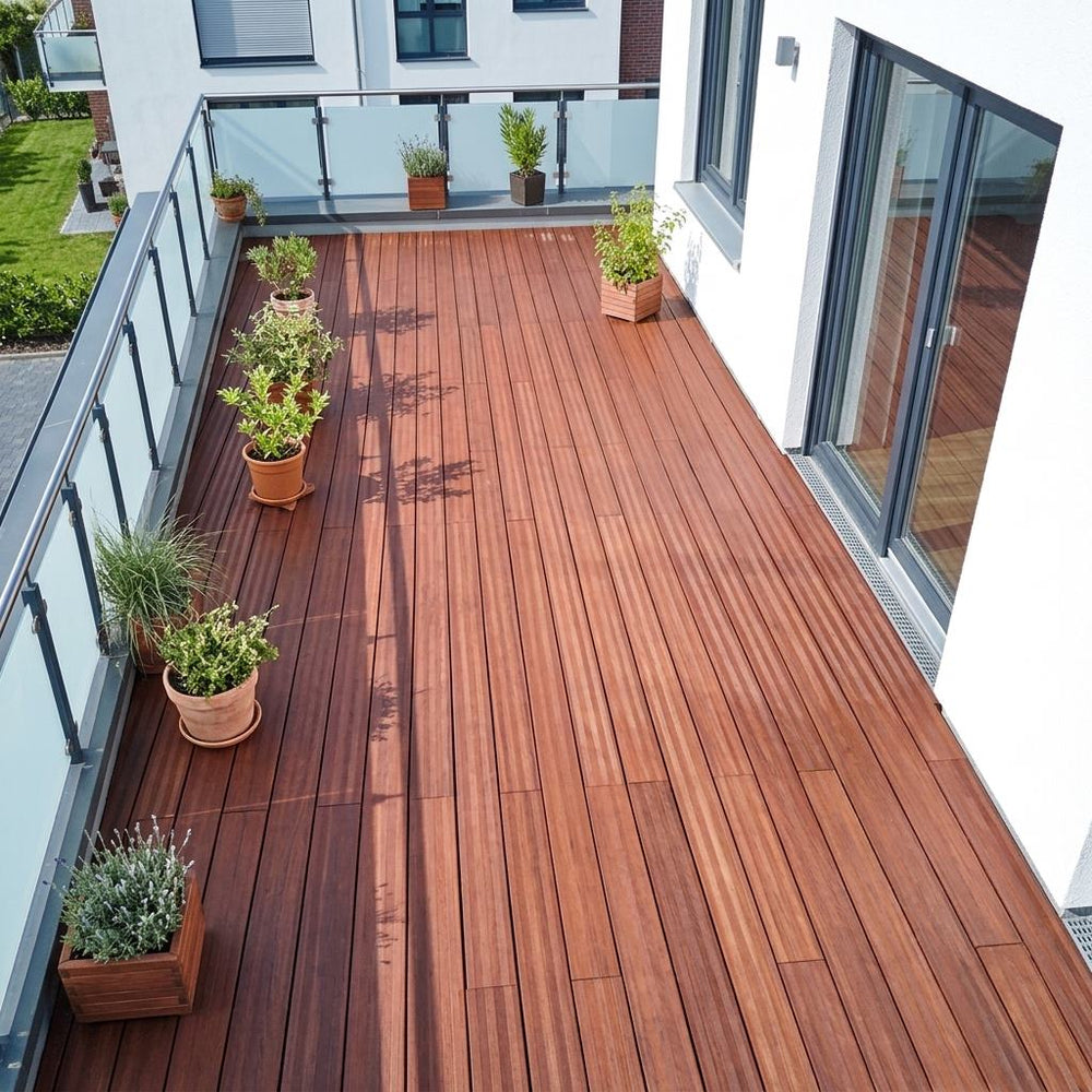 Moderner Balkon mit Terrassendielen in der Farbe coffee, Glasgeländer und Pflanzgefäßen – langlebiger, pflegeleichter Balkon- und Terrassenbelag mit natürlicher Holzoptik.