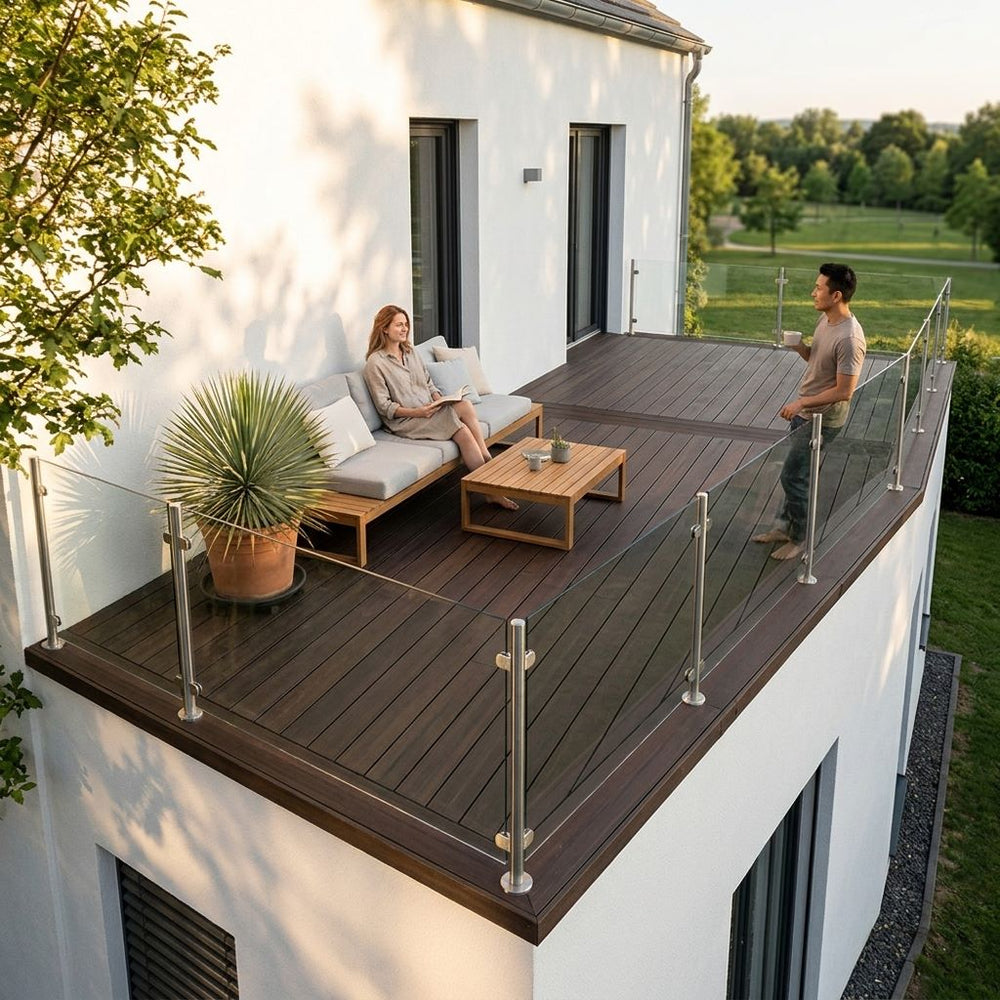 Moderne Dachterrasse mit dunkelbraunen Terrassendielen, Glasgeländer, Loungemöbeln und Blick ins Grüne.