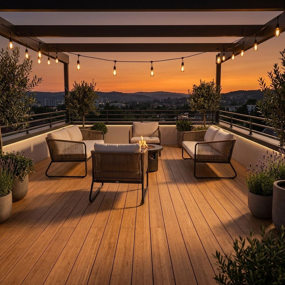 Moderne Dachterrasse mit Bambus-Terrassendielen, gemütlicher Lounge, Feuerstelle und stimmungsvoller Beleuchtung bei Sonnenuntergang – langlebiger, pflegeleichter Terrassenbelag für exklusive Außenbereiche.