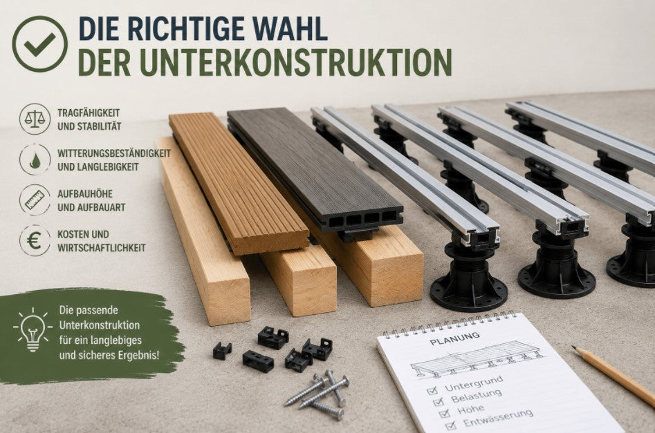 Ratgeber zur Wahl der richtigen Unterkonstruktion für Terrassendielen mit Bambus- und Aluminium-Unterkonstruktionen sowie Stelzlagern.
