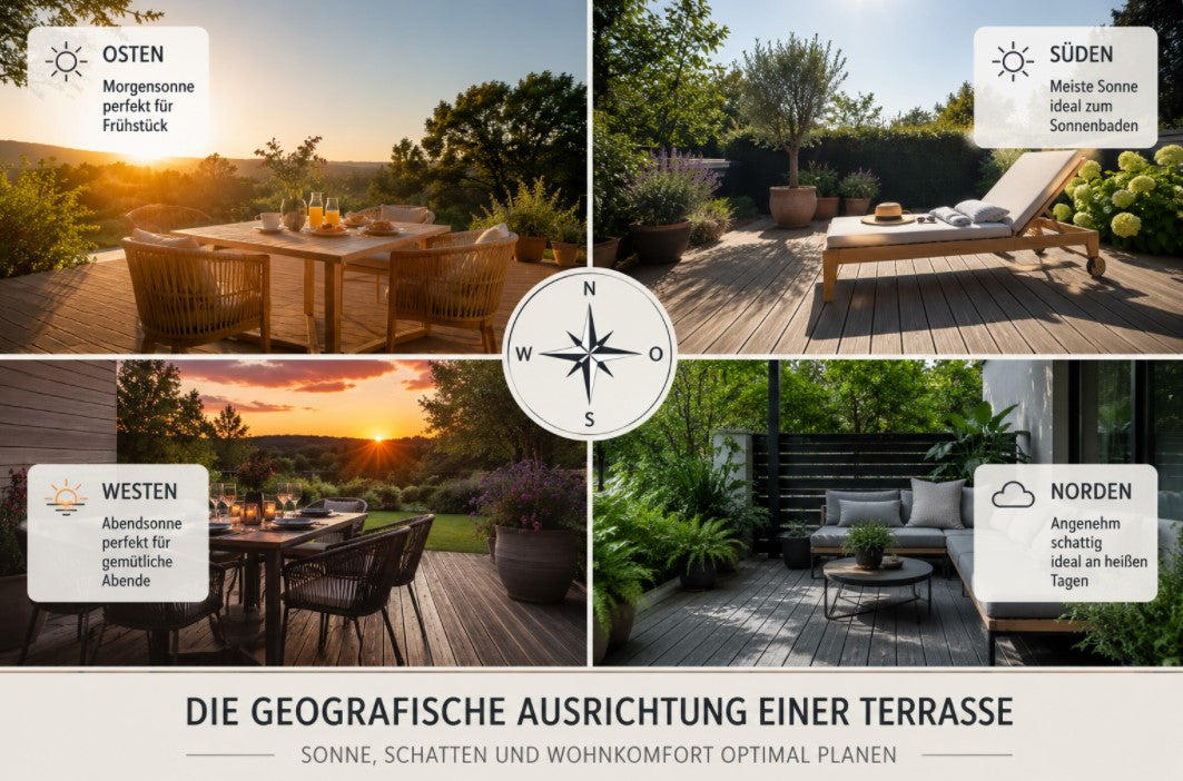 Neben der Lage, Form und Größe einer AMBOOO Terrasse ist  auch die Ausrichtung ein besonders wichtiges Kriterium für die Nutzung und Gestaltung.