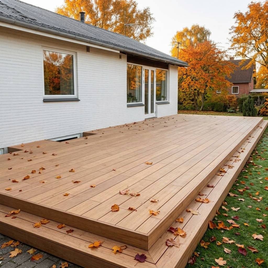Große Holzterrasse an einem weißen Wohnhaus, umgeben von herbstlich gefärbten Bäumen und verstreutem Laub.