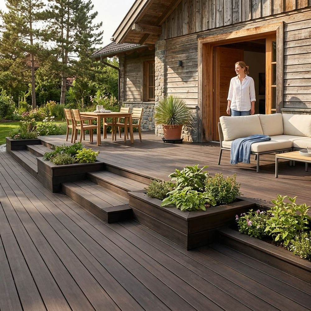 Großzügige Terrasse mit dunkelbraunen Bambus-Terrassendielen, integrierten Pflanzbeeten, Sitzlounge und Essbereich vor einem rustikalen Holzhaus.