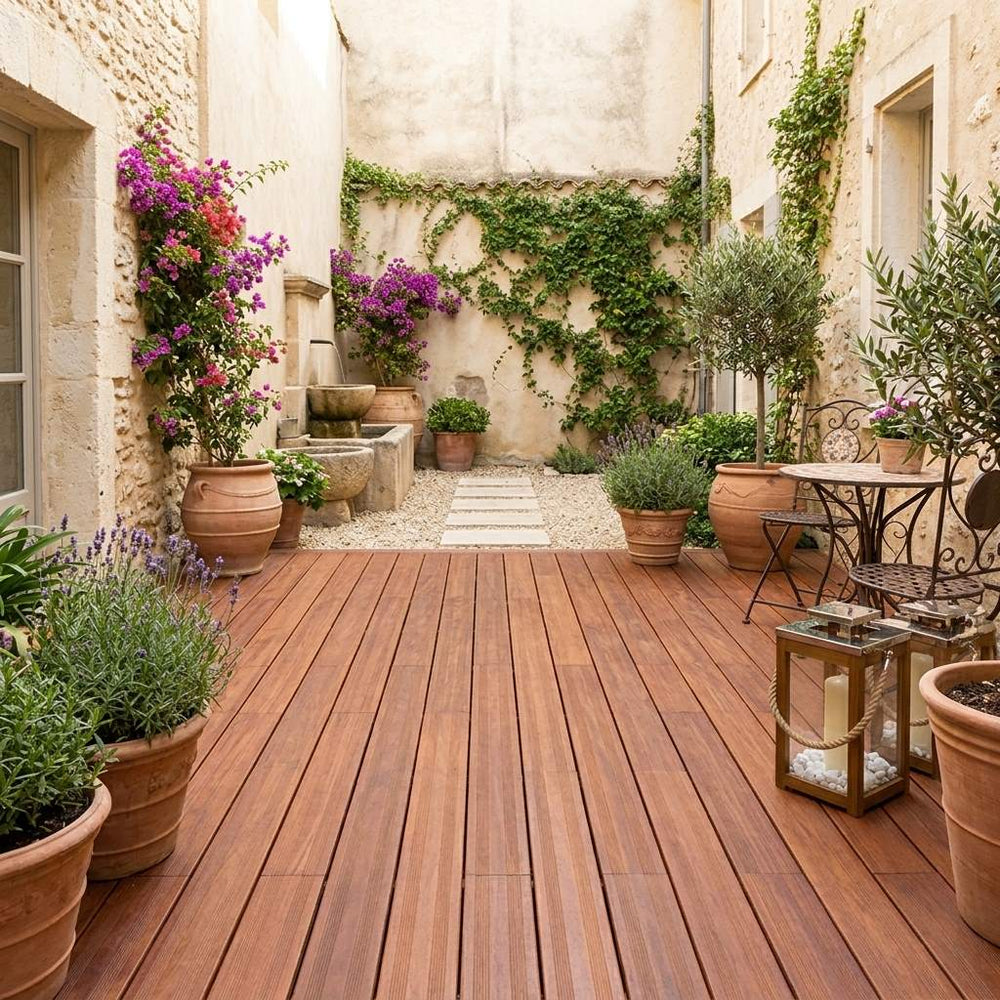Mediterraner Innenhof mit Bambus-Terrassendielen in der Farbe coffee, blühenden Pflanzen und gemütlichem Sitzplatz – langlebiger, pflegeleichter Terrassenbelag mit natürlicher Holzoptik für stilvolle Außenbereiche.