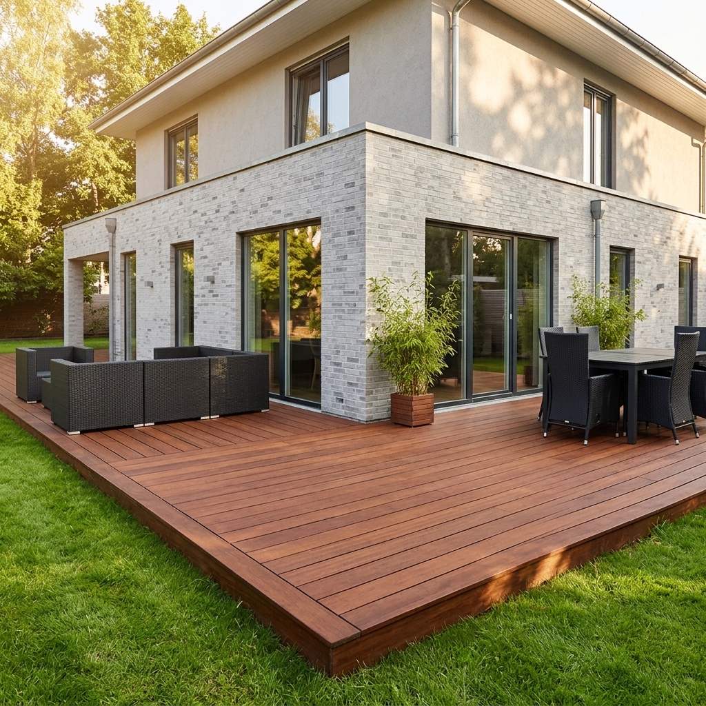 Großzügige Terrasse aus Holz-Terrassendielen an einer modernen Villa mit Lounge- und Essbereich – langlebiger, pflegeleichter Terrassenbelag mit natürlicher Holzoptik für den Garten.