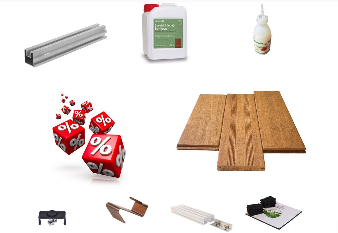 Die kostengünstigen Bambus Terrassensparpakete von aMbooo mit einer Unterkonstruktion aus Aluminium.