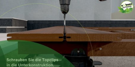 Topclips werden mit einer Schraube auf der Unterkonstruktion befestigt und sorgen für die verdeckte Montage der Terrassendielen.