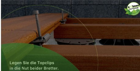 Topclips werden in die seitliche Nut zweier Bambus-Terrassendielen eingesetzt und dienen der verdeckten Befestigung auf der Unterkonstruktion.