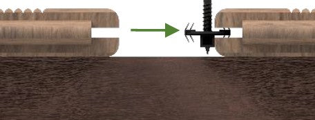 Grafische Darstellung der Montage eines Befestigungsclips zwischen zwei Bambus-Terrassendielen. Ein Pfeil zeigt das Einsetzen des Clips mit Schraube in die Nut der Dielen auf der Unterkonstruktion.